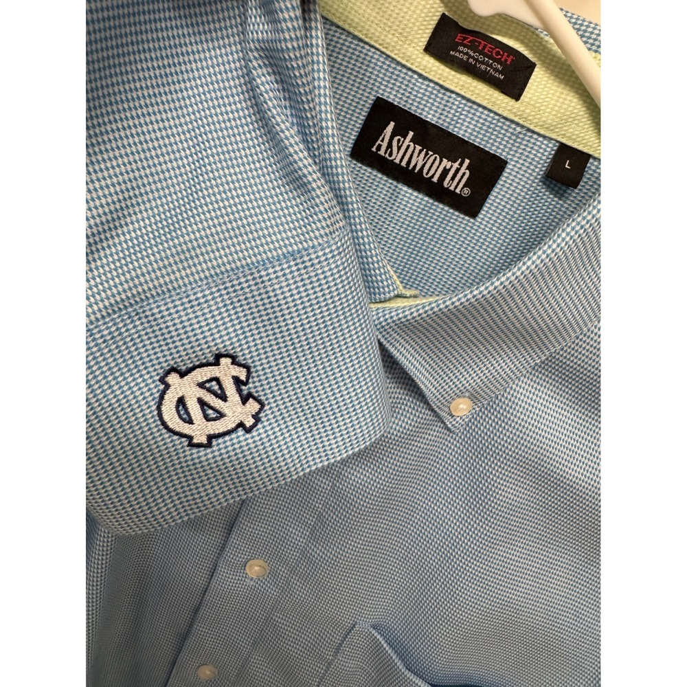 Ashworth Mens UNC Tar Heels Button Down Shirt Blue Check EZ-Tech Cotton Large